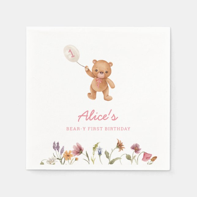 Pink Girl Teddy Bear Einladung zum ersten Geburtst Serviette (Vorderseite)