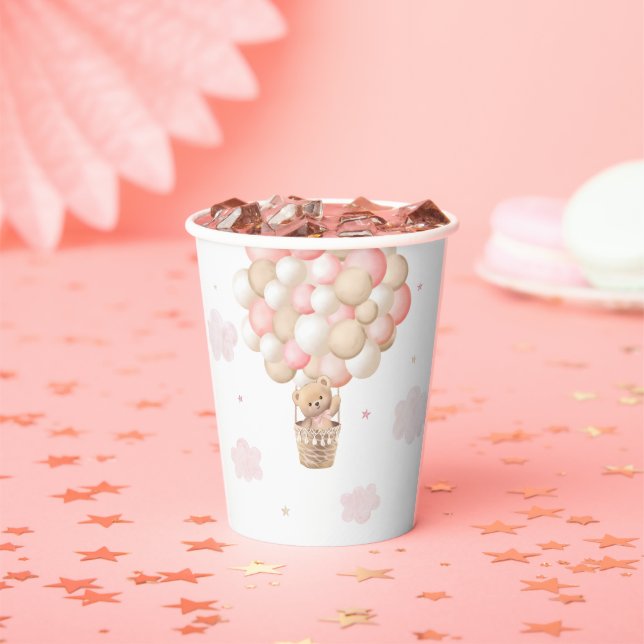Pink Girl Teddy Bear Hot Air Ballon Babydusche Pappbecher (Insitu)