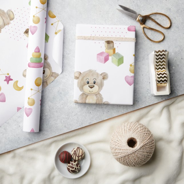 Pink Girl Teddy Bear Wasserfarbe Thema Kinderdusch Geschenkpapier (Kunsthandwerk)