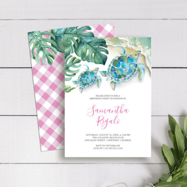 Pink Girl Tropical Sea Turtle Gingham Birthday Einladung (Birthday party invitations girls cute pink and turquoise sea turtle watercolor Victoria Grigaliunas)