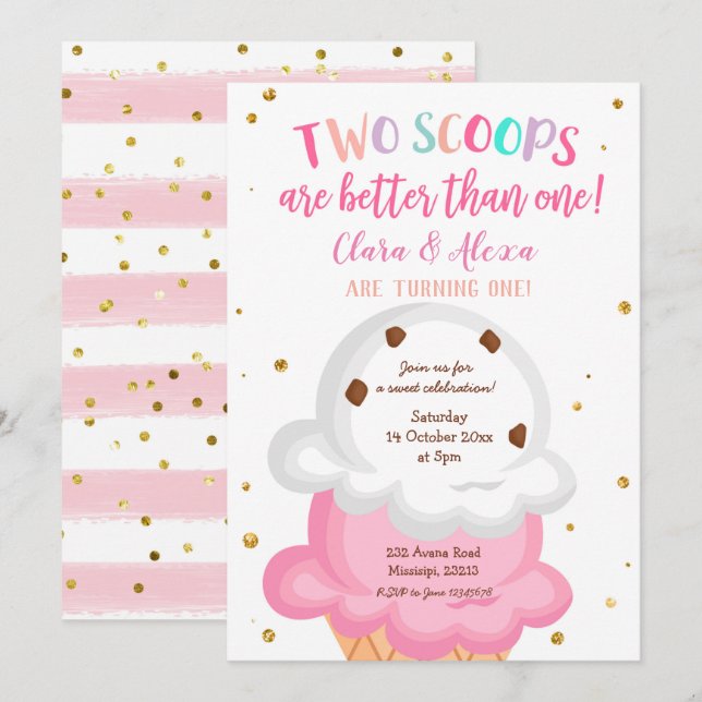 Pink Girl Twins Ice Creme Einladung (Vorne/Hinten)
