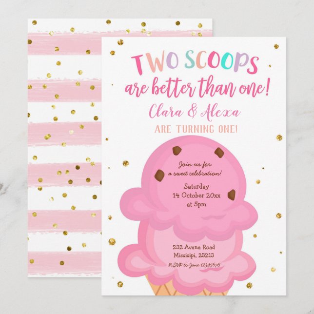 Pink Girl Twins Ice Creme Einladung (Vorne/Hinten)