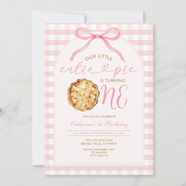 Pink Girl Unsere kleine Süsse Pie Gingham Birthday Einladung (Vorderseite)