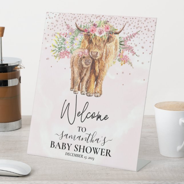 Pink Girl Willkommen Hochland Kuh Calf Baby Dusche Sockelschild (In Situ)