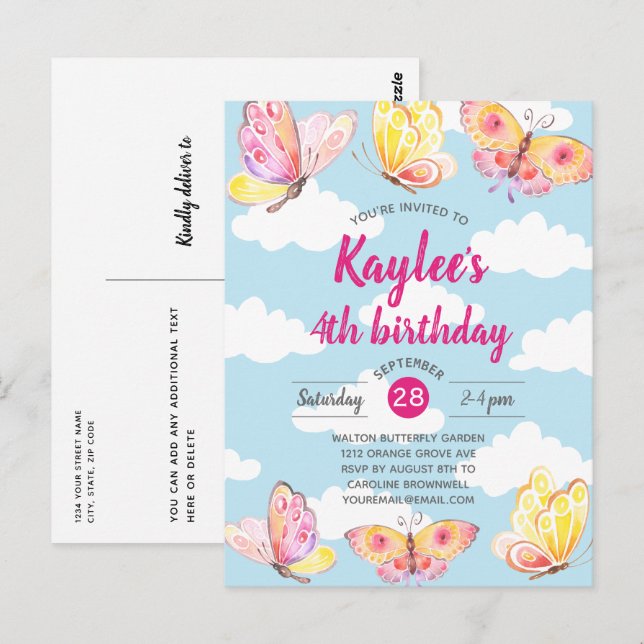 Pink Girls Butterfly Geburtstagsparty Einladung Postkarte (Vorne/Hinten)