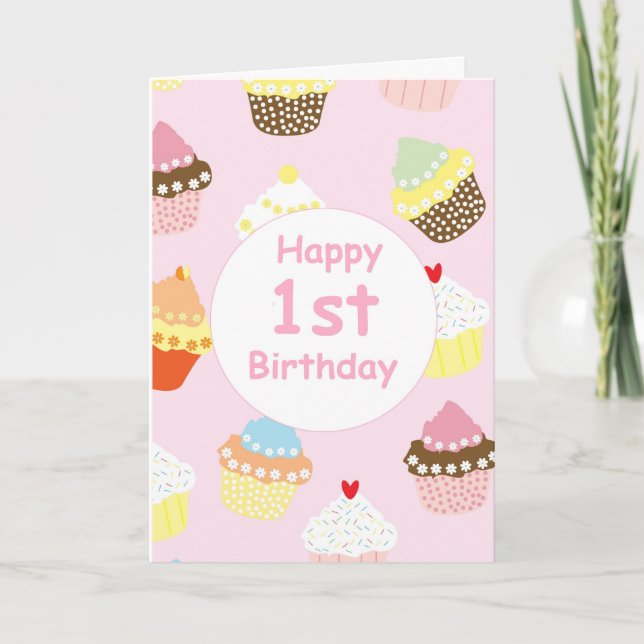 Pink Girls Cupcake 1er Anniversaire Première Carte (Devant)