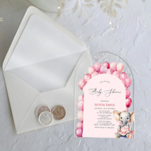 Pink Girl's Elephant & Balloon Baby Shower Acryleinladungen