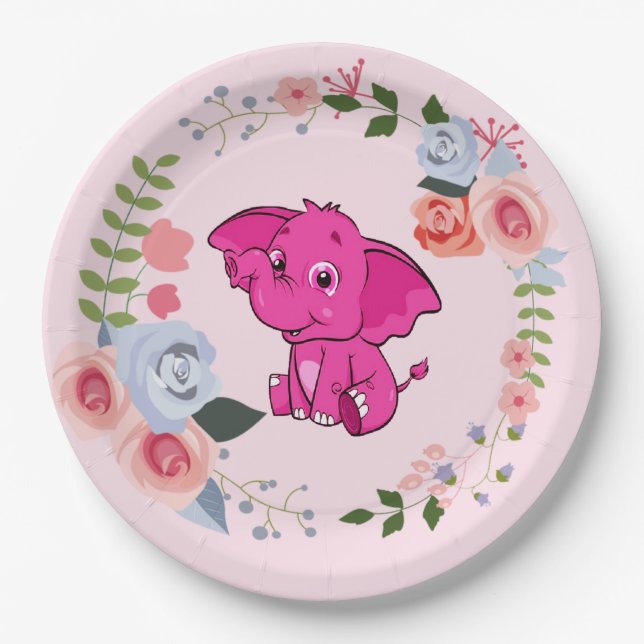 Pink Girl's Elephant Floral Baby Shower Pappteller (Vorderseite)