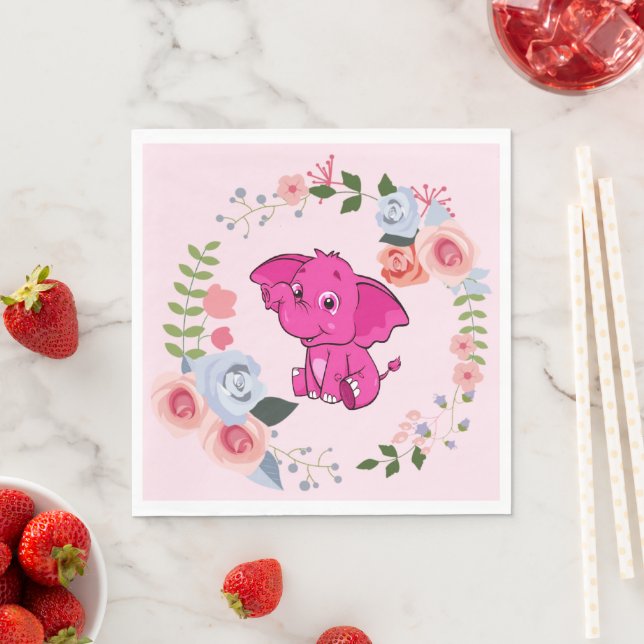 Pink Girl's Elephant Floral Baby Shower Serviette (Beispiel)