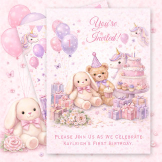 Pink Girl's Erster Geburtstag | Einladung