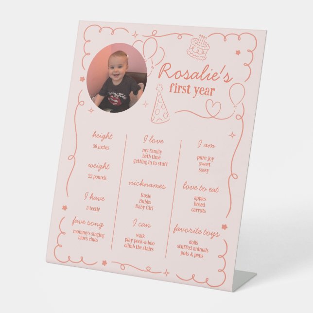 Pink Girl's First Birthday Milestone Timeline Sockelschild (Vorderseite)