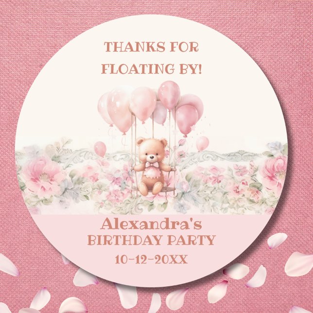 Pink Girl's Teddy Birthday Party Danke Runder Aufkleber (Von Creator hochgeladen)
