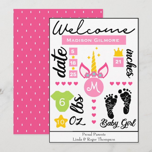 Pink Girls Unicorn Birth Stats Faire-part (Devant / Derrière)