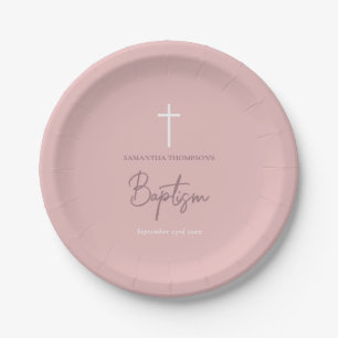 Pink Girly Baby Calligraphy Baptisc Pappteller