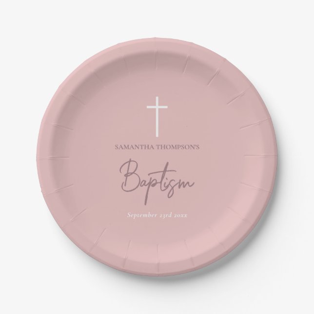 Pink Girly Baby Calligraphy Baptisc Pappteller (Vorderseite)