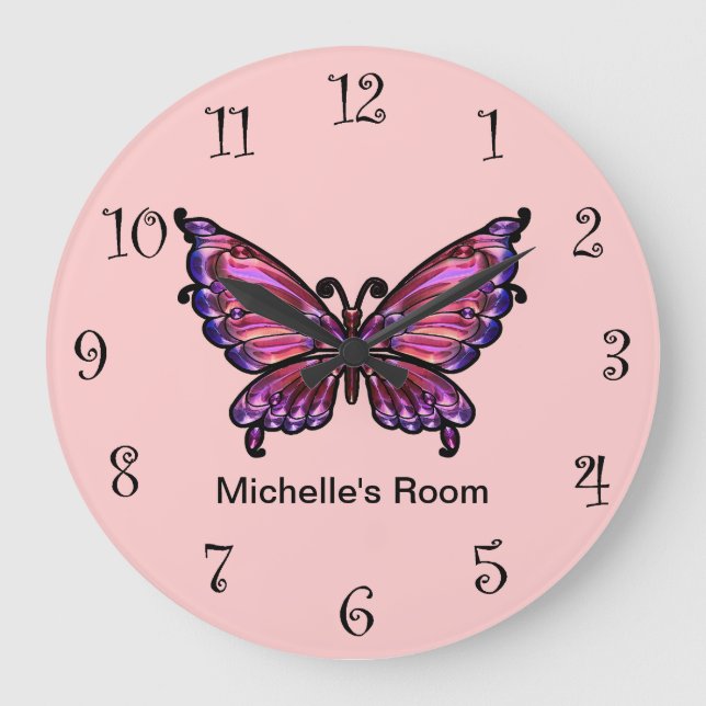 Pink Girly Butterfly-Uhren Große Wanduhr (Vorderseite)