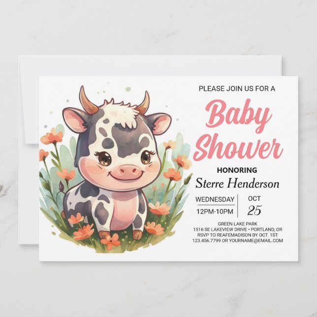 Pink Girly Elegante Cow Baby Dusche Einladung (Vorderseite)