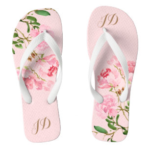 Pink Girly Floral Monogram Watercolor Peony Blume Flip Flops