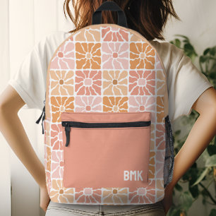 Pink Girly Floral Squares Groovy Monogram Bedruckter Rucksack