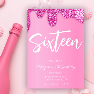 Pink Girly Glitzer Sweet 16 Geburtstagsparty Einladung