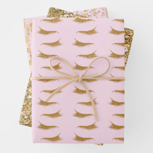 Pink Girly Gold Glam Glitzer Eyelashes Geschenkpapier Set