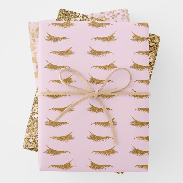 Pink Girly Gold Glam Glitzer Eyelashes Geschenkpapier Set (Beispiel)