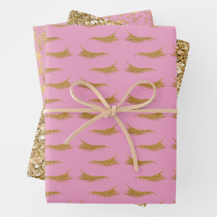 Pink Girly Gold Glam Glitzer Eyelashes Geschenkpapier Set