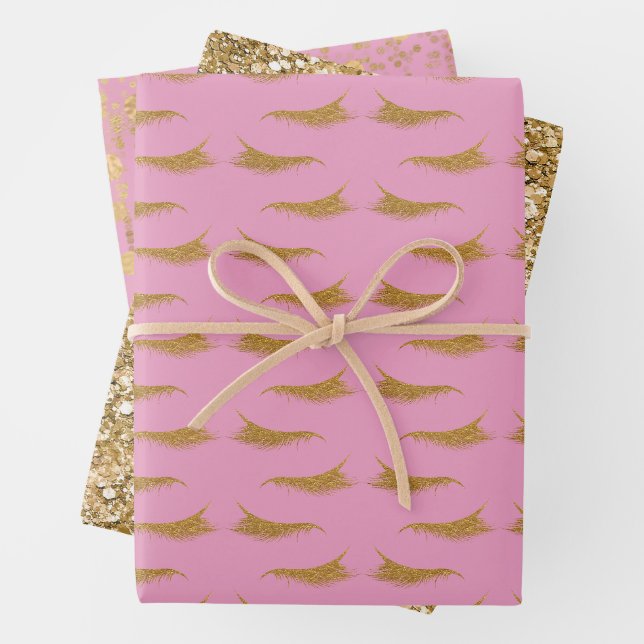 Pink Girly Gold Glam Glitzer Eyelashes Geschenkpapier Set (Beispiel)