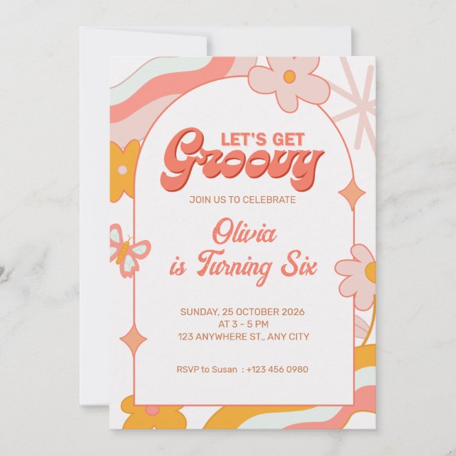 Pink Girly Groovy 6th Birthday Party Invitation Einladung (Vorderseite)