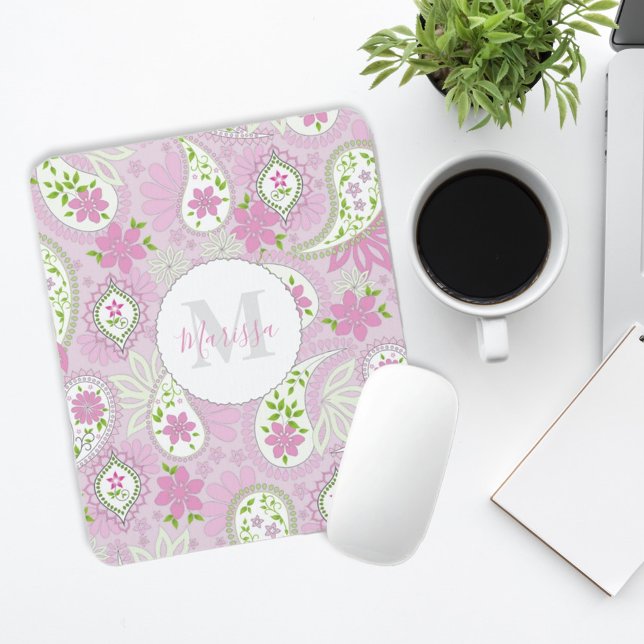Pink Girly Niedlich Chic Preppy Paisley Monogram Mousepad (Von Creator hochgeladen)