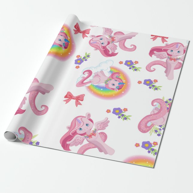 Pink Girly Unicorn Rainbow Muster Wrapping Paper Geschenkpapier (Ungerollt)