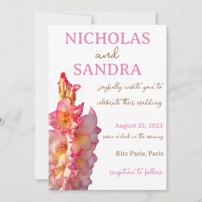 Pink Gladiolus Floral Wedding Einladung (Vorderseite)