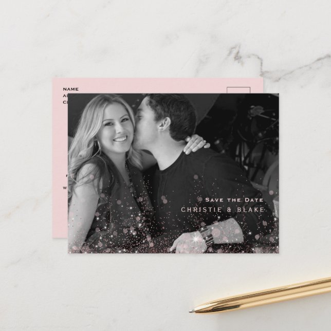 Pink Glam B/W Foto Wedding Save the Date QR Code Postkarte (Vorderseite/Rückseite Beispiel)