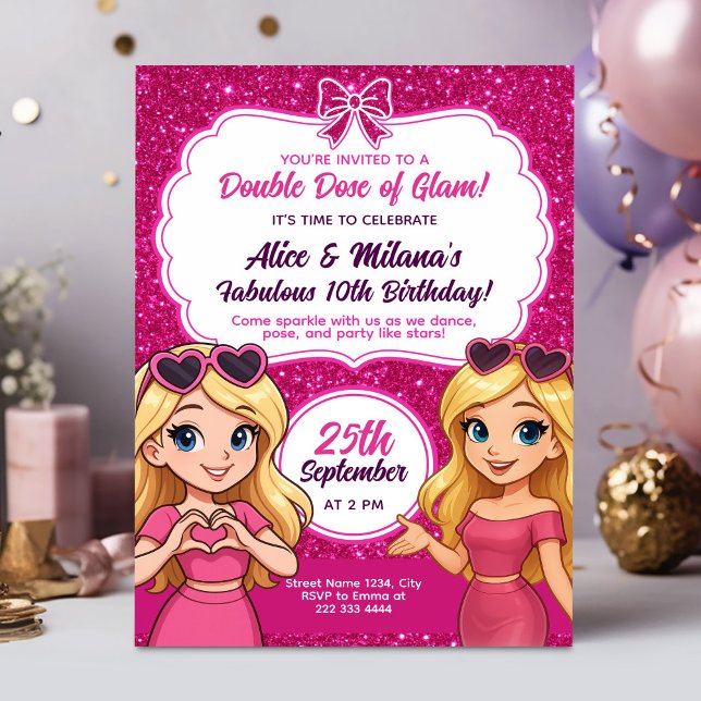 Pink Glam Birthday Einladung Twin Girls Sparkle (Von Creator hochgeladen)