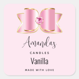 Pink Glam Bow mit Center Gem Candle Business Quadratischer Aufkleber