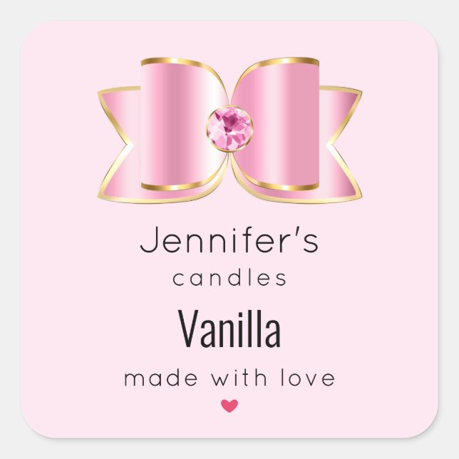 Pink Glam Bow mit Center Gem Candle Business Quadratischer Aufkleber (Vorderseite)