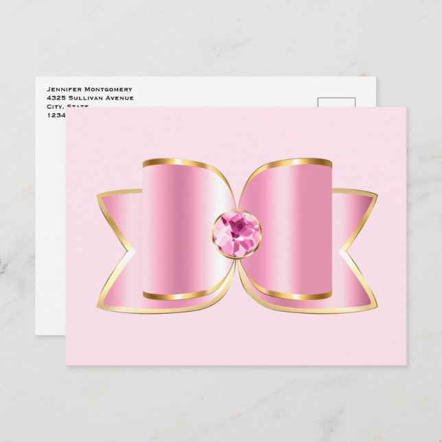 Pink Glam Bow mit Center Gemstone Postkarte (Vorne/Hinten)