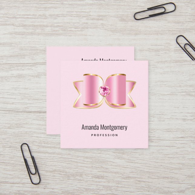 Pink Glam Bow mit Center Gemstone Quadratische Visitenkarte (Vorderseite/Rückseite Beispiel)