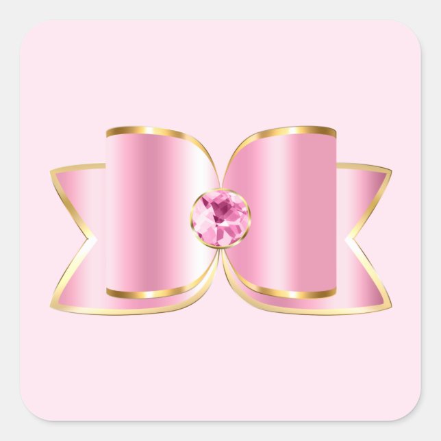Pink Glam Bow mit Center Gemstone Quadratischer Aufkleber (Vorderseite)