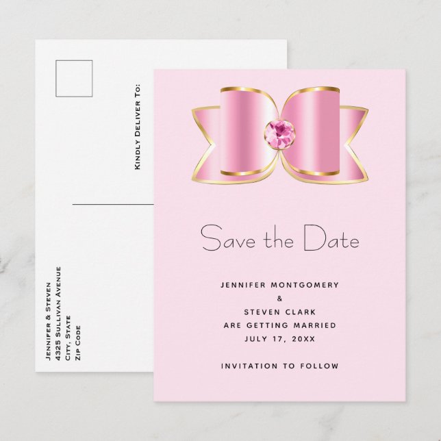 Pink Glam Bow mit Center Gemstone Save the Date Einladungspostkarte (Vorne/Hinten)