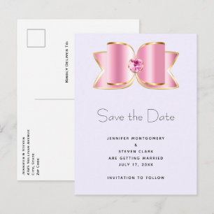 Pink Glam Bow mit Center Gemstone Save the Date Einladungspostkarte