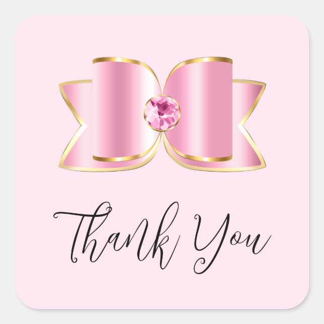 Pink Glam Bow mit Center Gemstone Vielen Dank Quadratischer Aufkleber (Vorderseite)