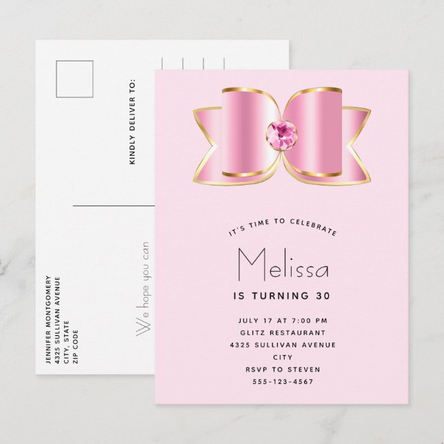 Pink Glam Bow mit Zentrum Gemstone Geburtstag Einladungspostkarte (Vorne/Hinten)