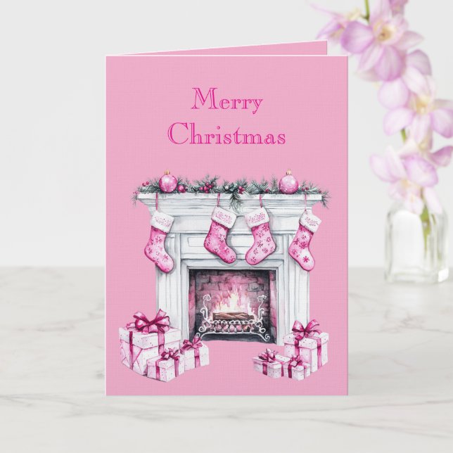 Pink Glam Christmas Stocking Fireplace Karte (Orchidee)