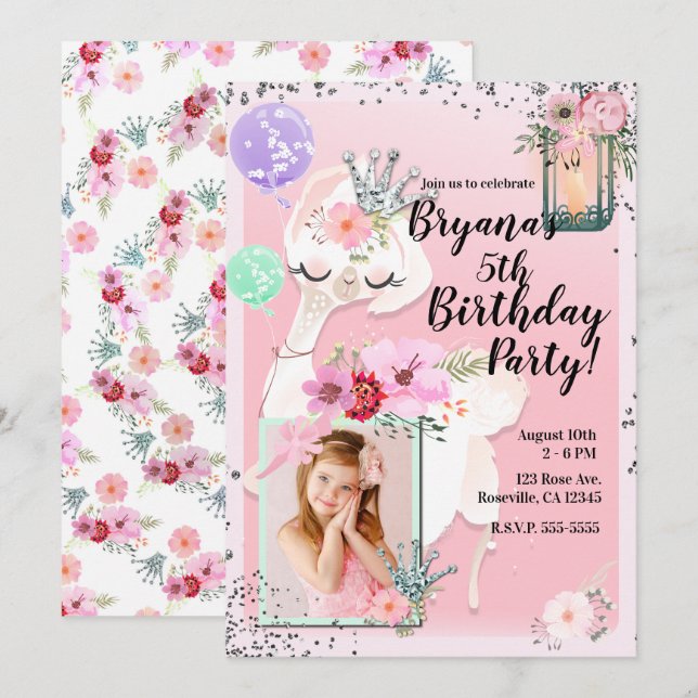 Pink Glam Diva Llama Princess Birthday Party Foto Einladung (Vorne/Hinten)
