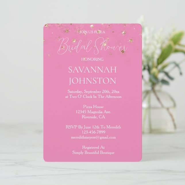 Pink Glam Gold Glitzer Confetti Brautparty Einladung (Stehend Vorderseite)