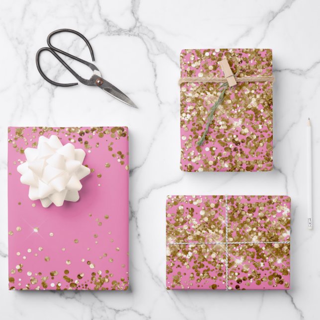 Pink Glam Gold Glitzy Sparkle Glitzer Geschenkpapier Set (Vorderseite)