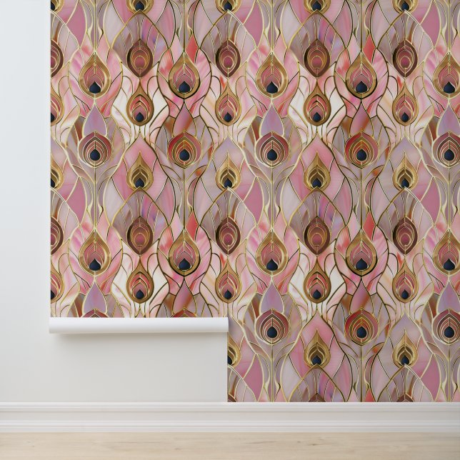 Pink Glam Gold Peacock Feathers Tapete (Anwendung)