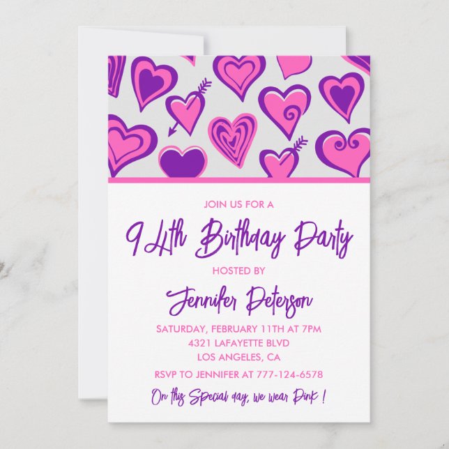 Pink Glam Heart Motif invitations 94e anniversaire (Devant)