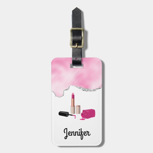 Pink Glam Lipstick & Nail Polnische Schönheit Them Gepäckanhänger (Vorderseite vertikal)